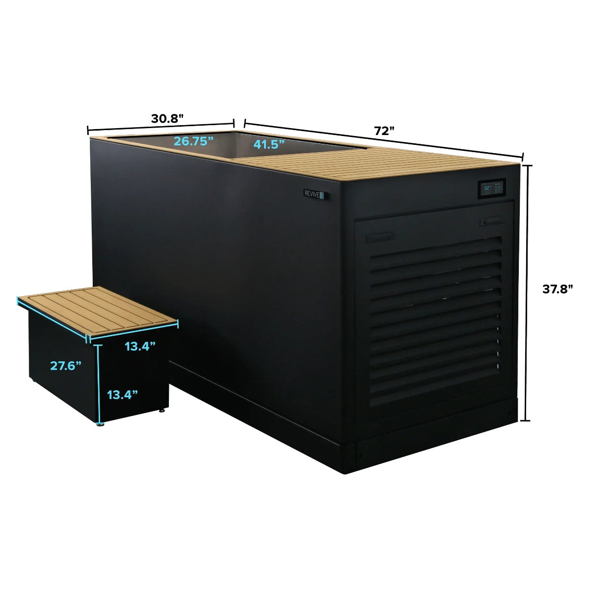 black cold plunge with wooden top and dimensions labeled on a white background