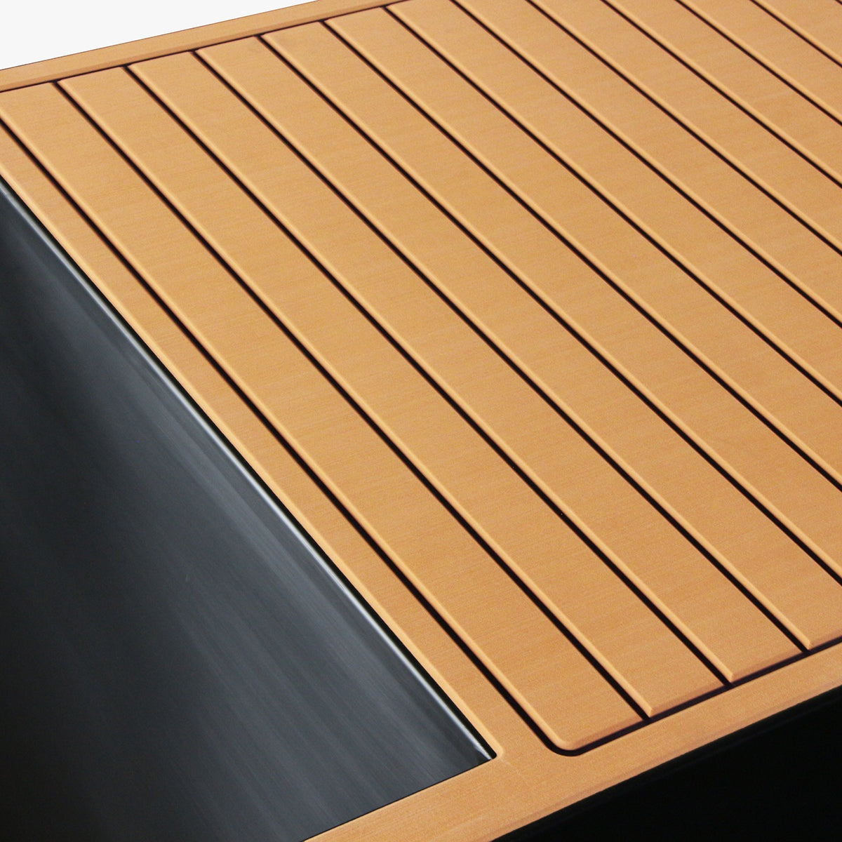 Close-up of a wooden part of cold plunge with a slatted pattern