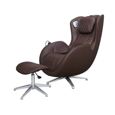 Brown massage chair with ottoman on a white background