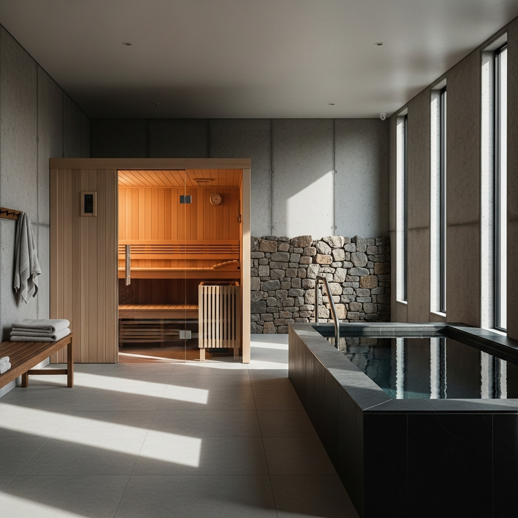 Suggestion


Modern interior with a wooden sauna and a hot tub.