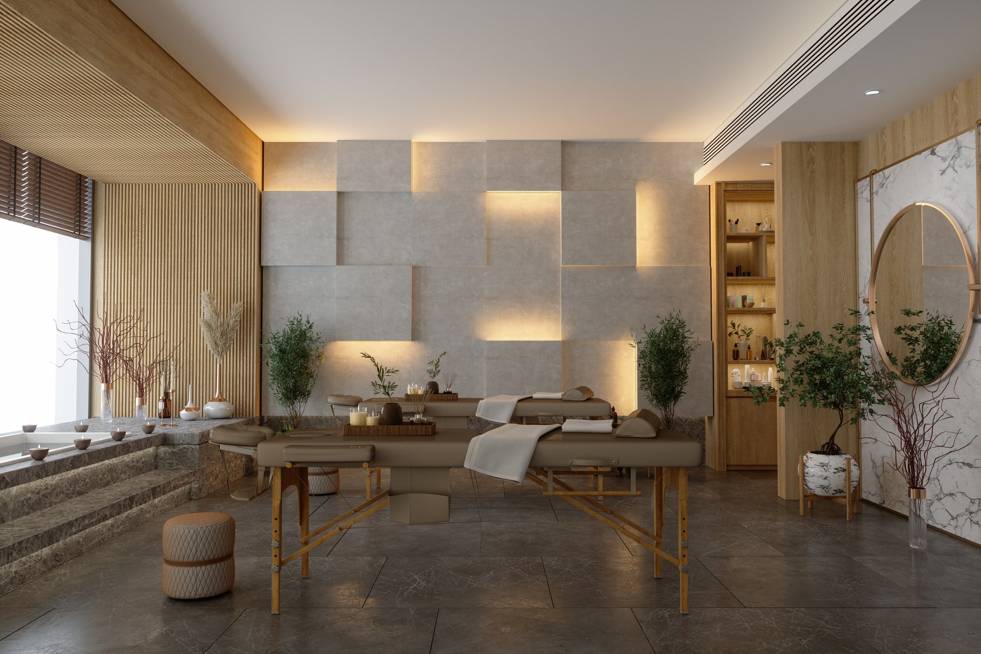 Modern interior design with wooden furniture, plants, and neutral color palette.